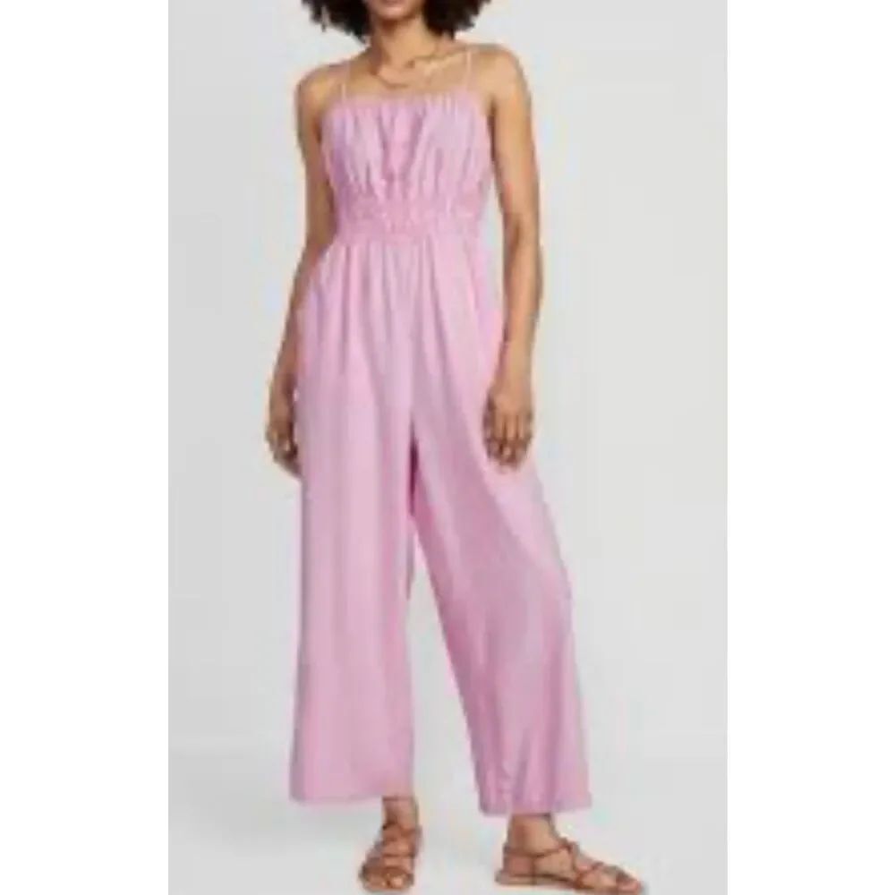NWT old navy plus size linen blend cropped Smocked jumpsuit pockets pink 3X